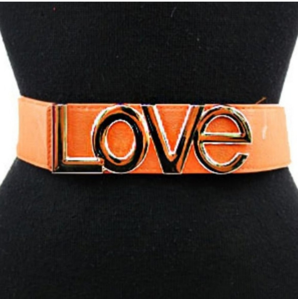 Love Gold Tone Buckle Elastic Vegan Leather Belt in Hazelnut Brown
